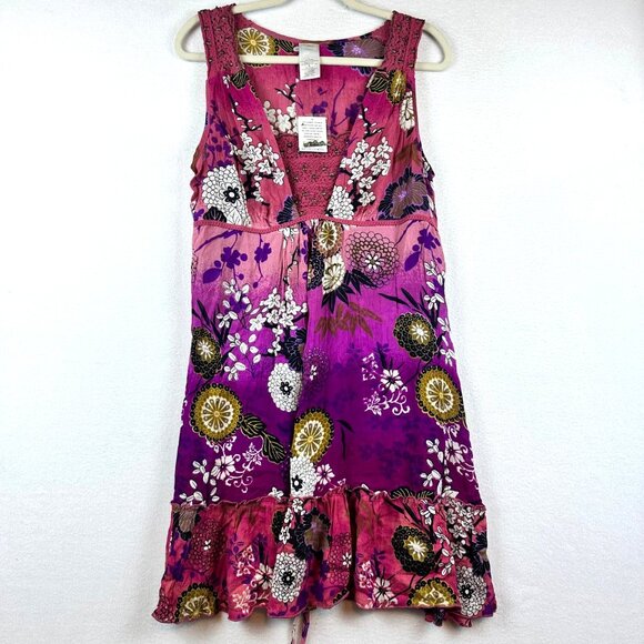 NWT Forbidden Rayon Floral Dress Womens Large Pink Boho Hippie Y2K Beachy Artsy - Picture 1 of 11